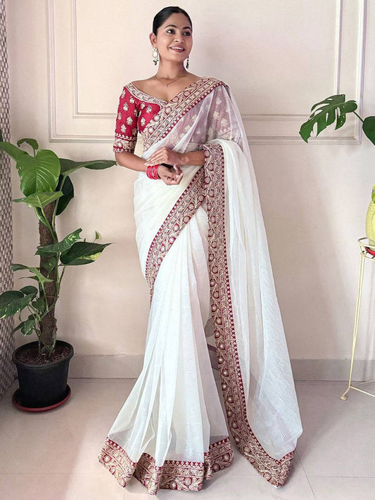 White Banarasi Crush Saree For Wedding
