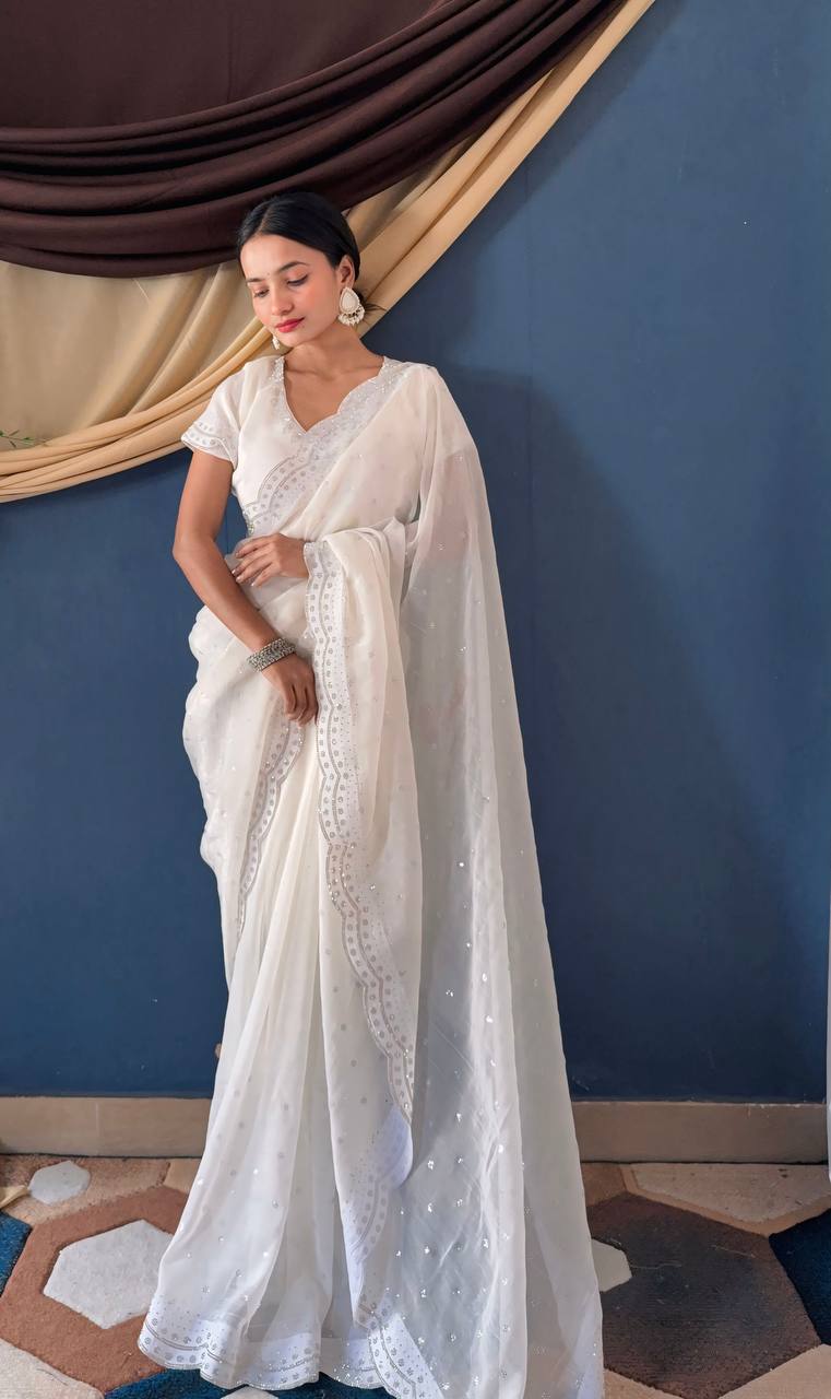 White Bollywood Style Crunchy Silk Saree