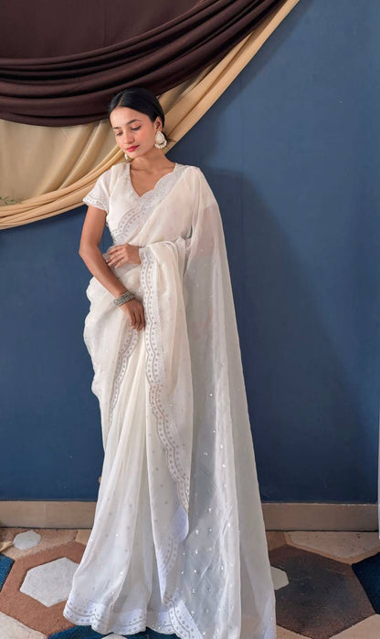 White Bollywood Style Crunchy Silk Saree