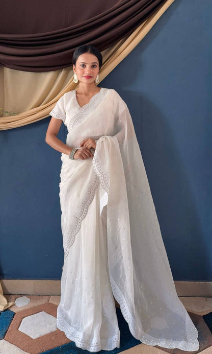White Bollywood Style Crunchy Silk Saree