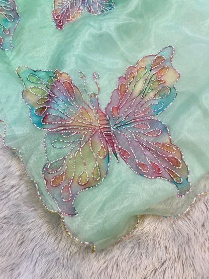Mint Butterfly Printed Organza Saree