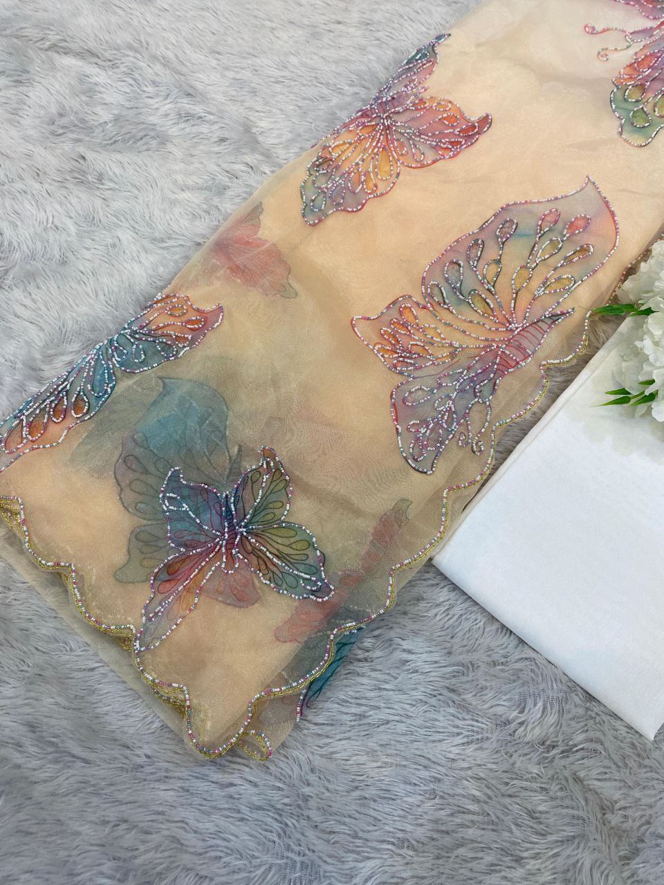 Butterfly Printed Organza Saree