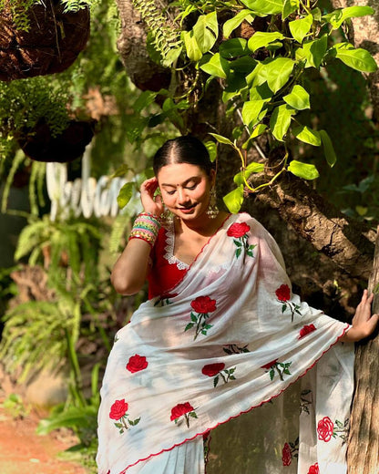 White Chanderi Cotton Saree