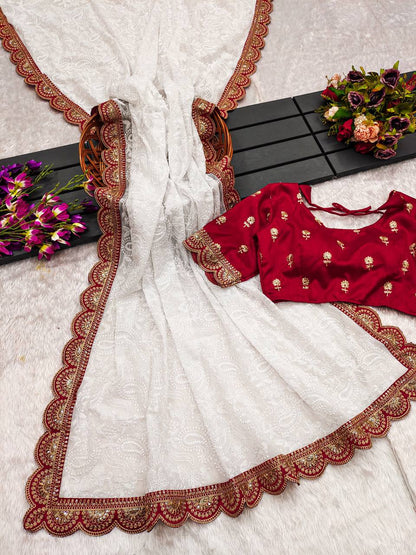 White Chikankari Work Georgette Saree
