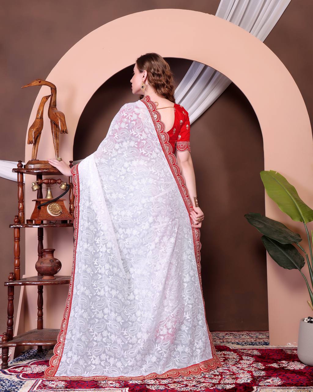 White Chikankari Work Georgette Saree