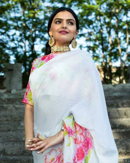 White Crochet Work Georgette Saree