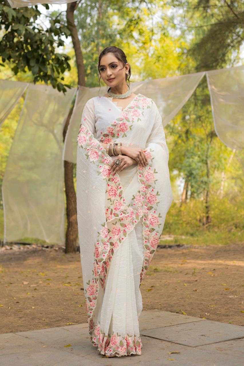 White Crush Silk Saree