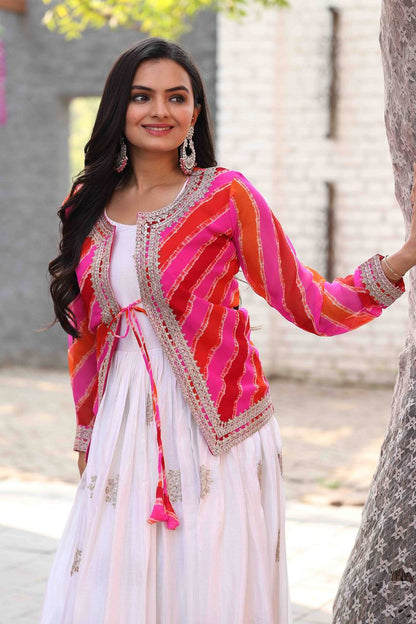 White Designer Chinon Gown Dress With Jacket