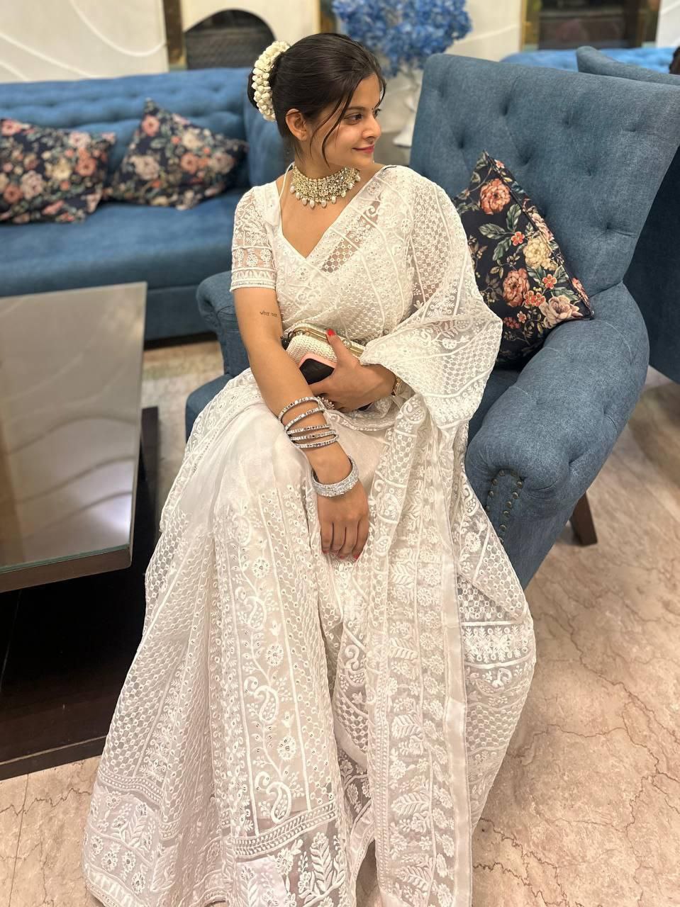 White Designer Light Organza Saree