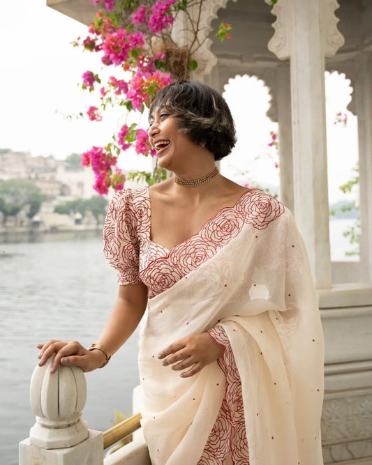 White Designer Organza Silk Saree | Replica Design