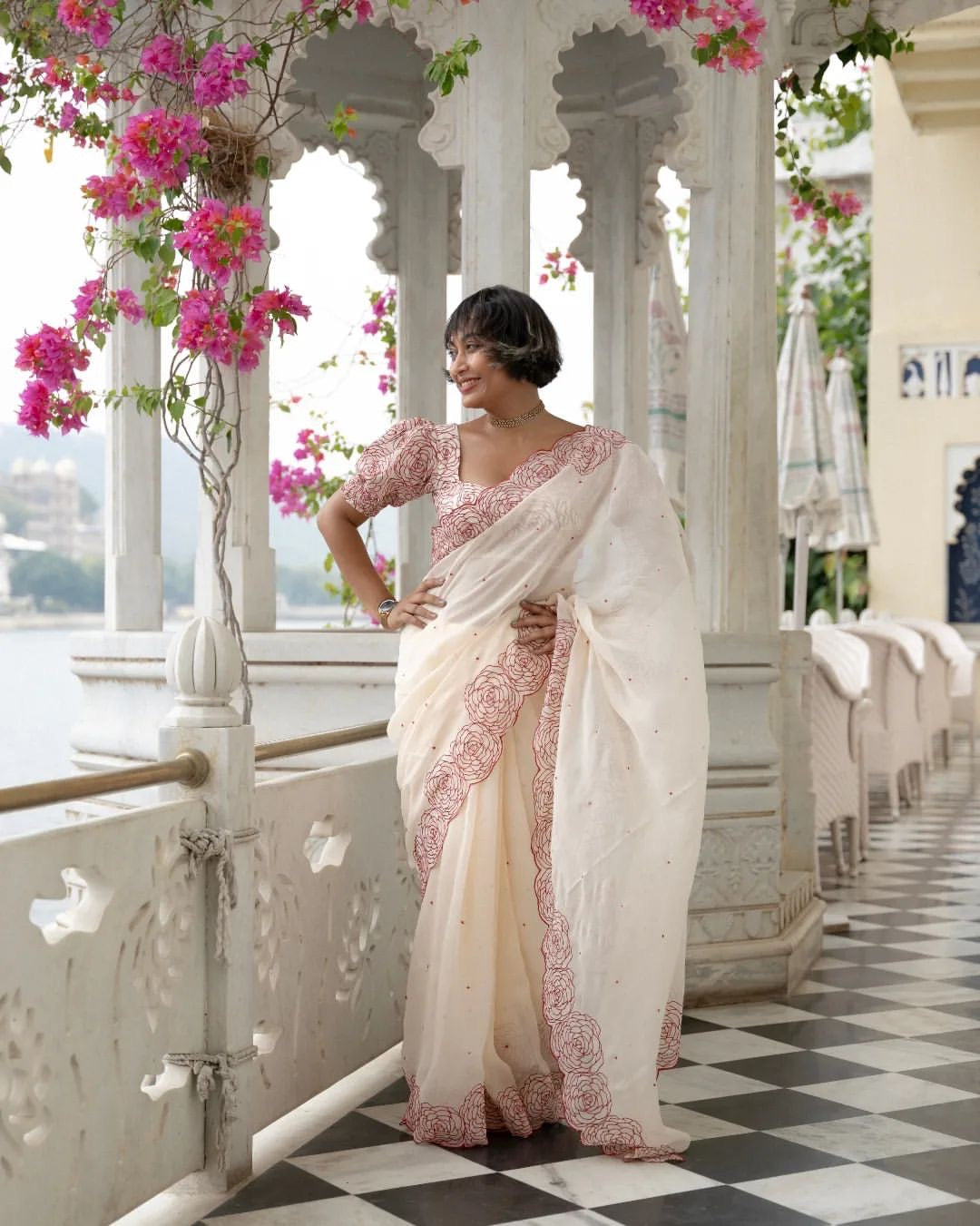 White Designer Organza Silk Saree | Replica Design