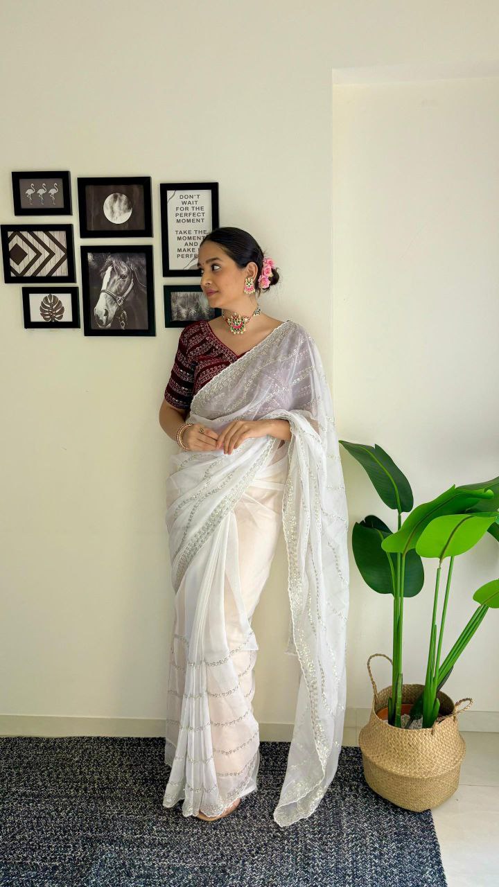White Designer Organza Tabby Silk Saree