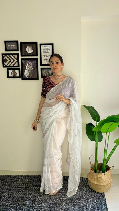White Designer Organza Tabby Silk Saree