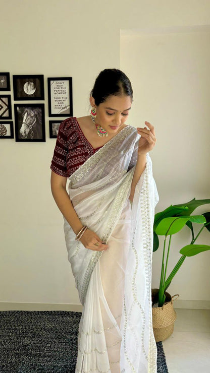 White Designer Organza Tabby Silk Saree