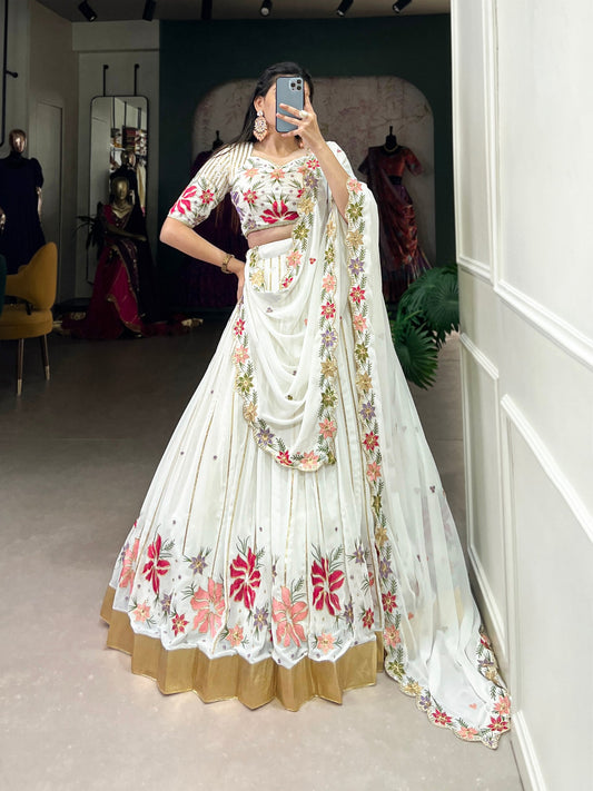 White Embroidery Worked Georgette Lehenga