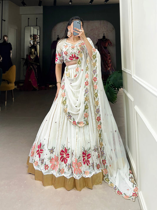 White Embroidery Worked Georgette Lehenga