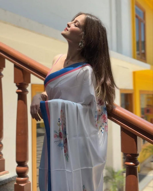 White Fancy Designer Japan Satin Silk Saree