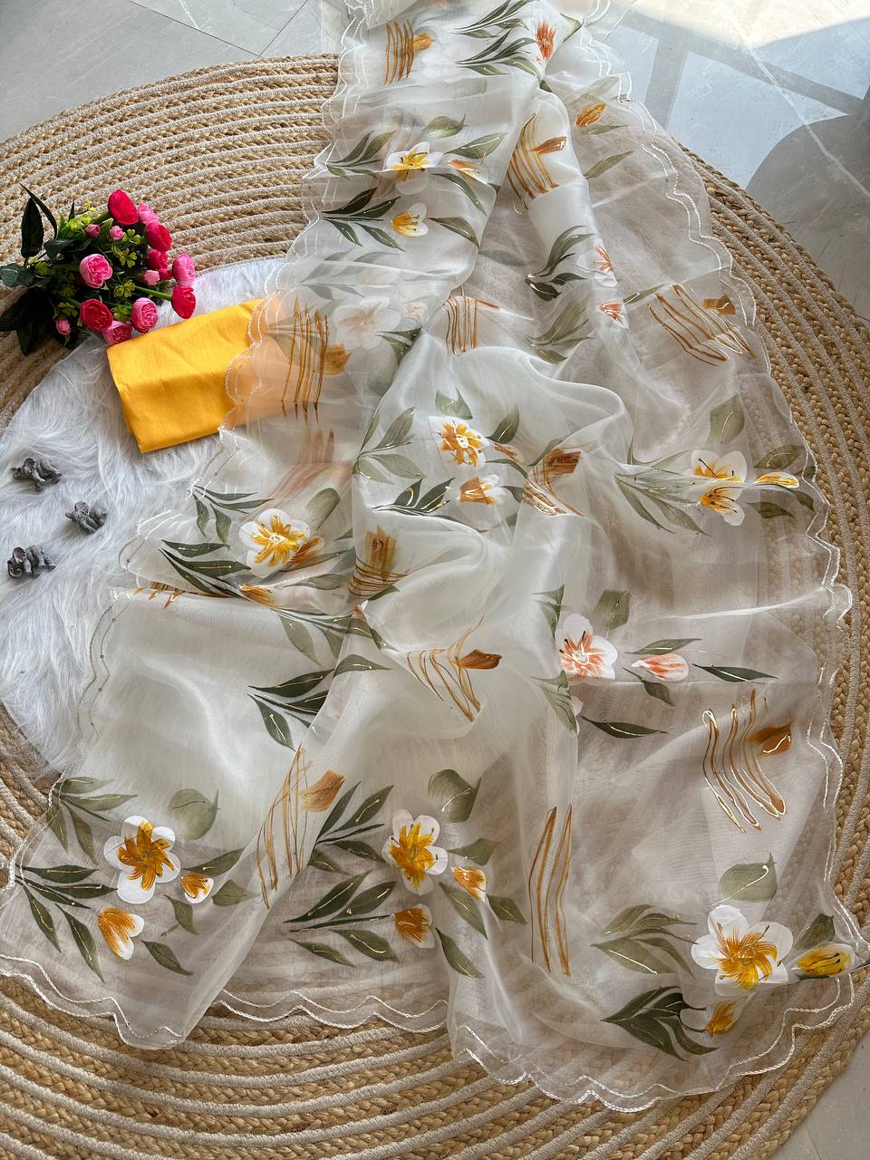 White Floral Handprinted Organza Silk Saree