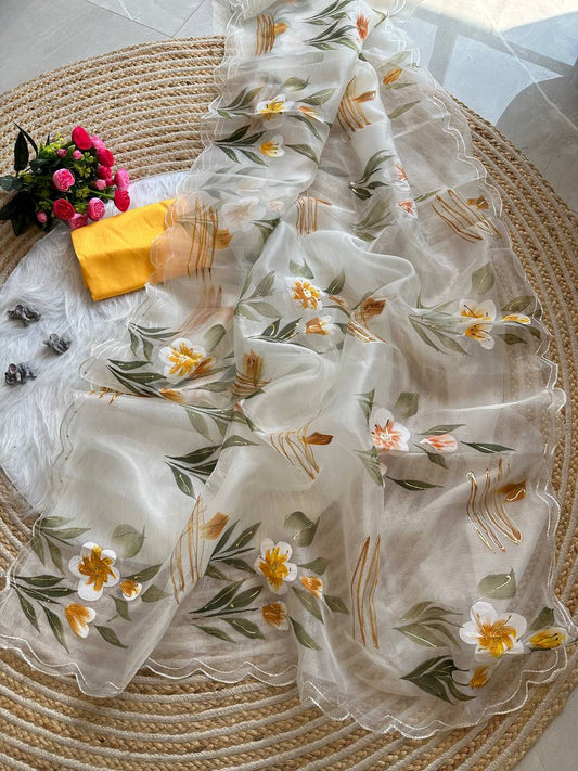 White Floral Handprinted Organza Silk Saree
