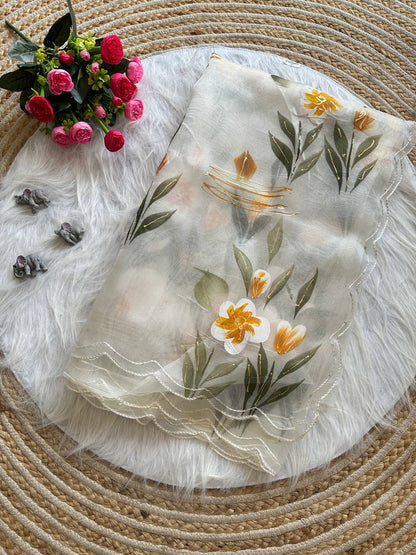 White Floral Handprinted Organza Silk Saree
