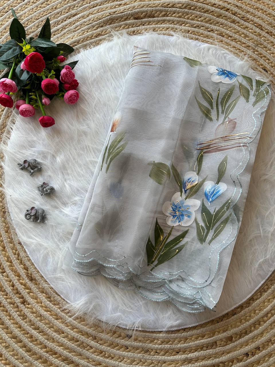 White Floral Handprinted Organza Silk Saree