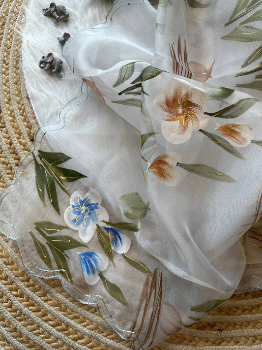 White Floral Handprinted Organza Silk Saree