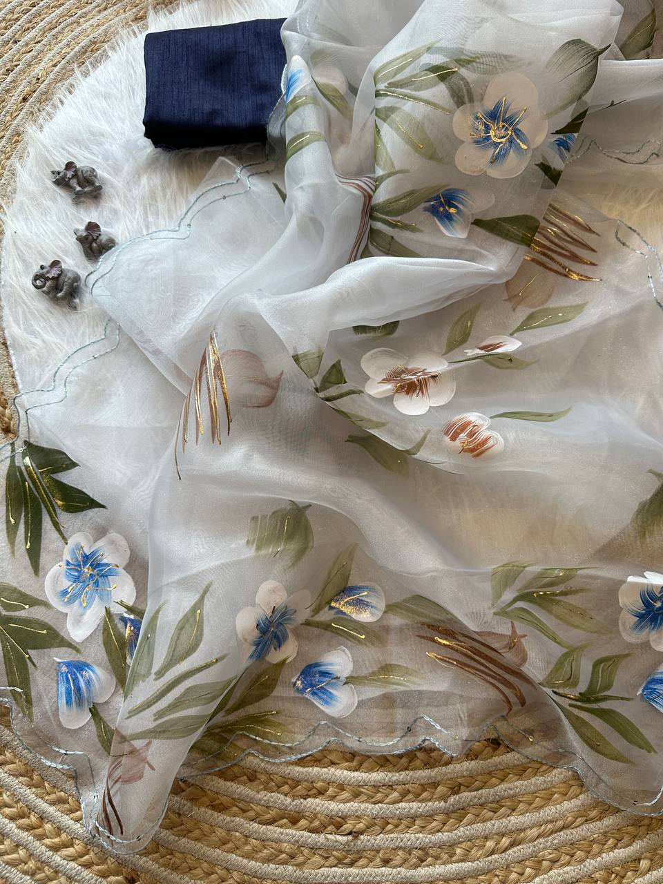 White Floral Handprinted Organza Silk Saree