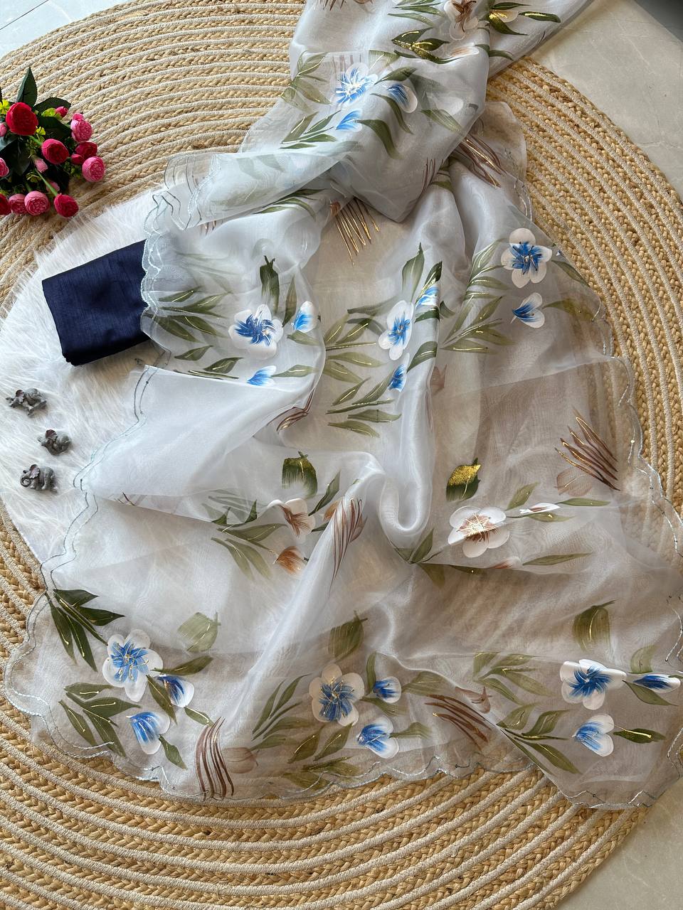 White Floral Handprinted Organza Silk Saree