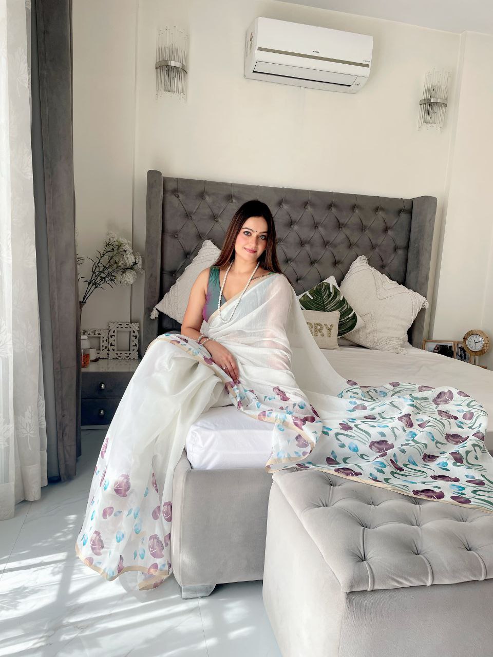 White Floral Printed Linen Saree