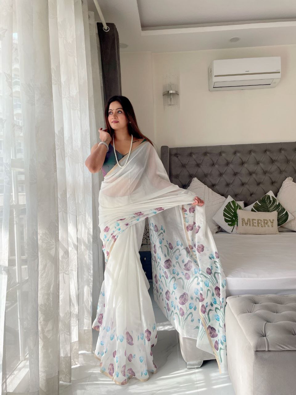 White Floral Printed Linen Saree