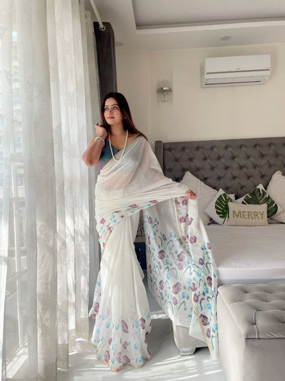White Floral Printed Linen Saree