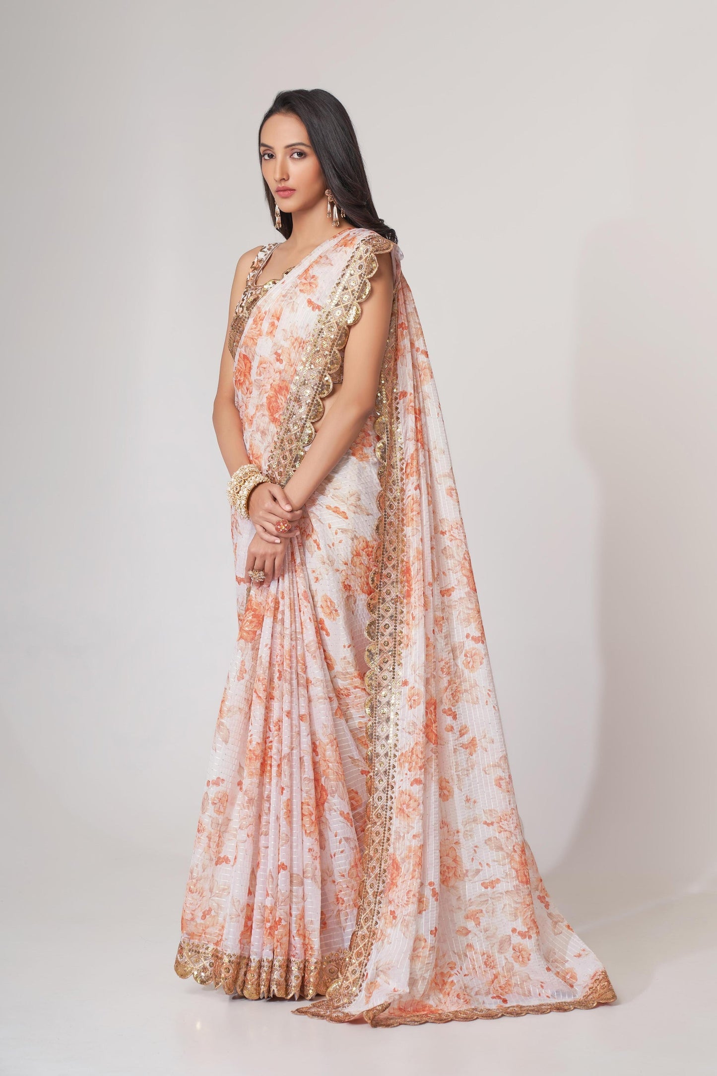 White Floral Printed Organza Saree With Blouse | 100% Original Saree