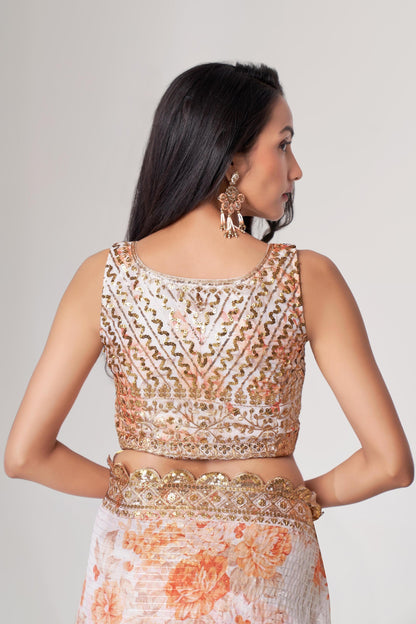 White Floral Printed Organza Saree With Blouse | 100% Original Saree