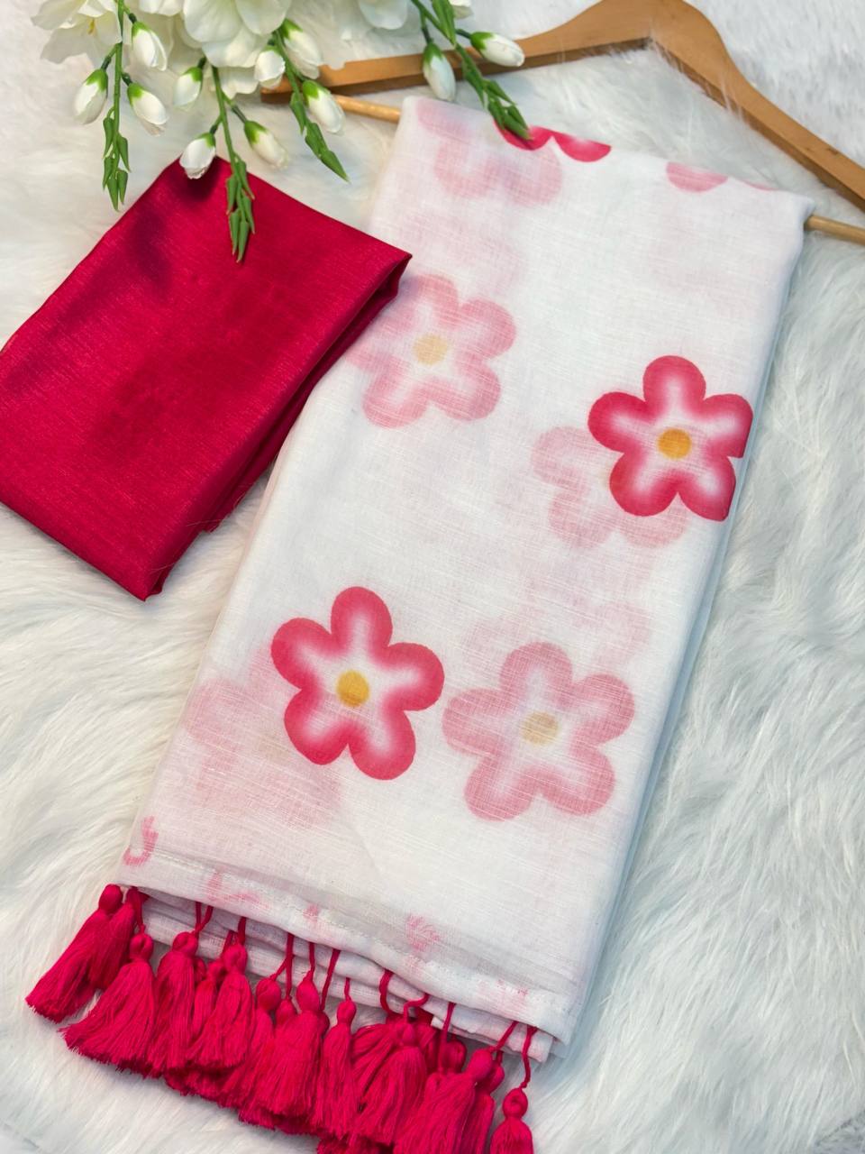 White Flower Printed Mul Cotton Slab Saree