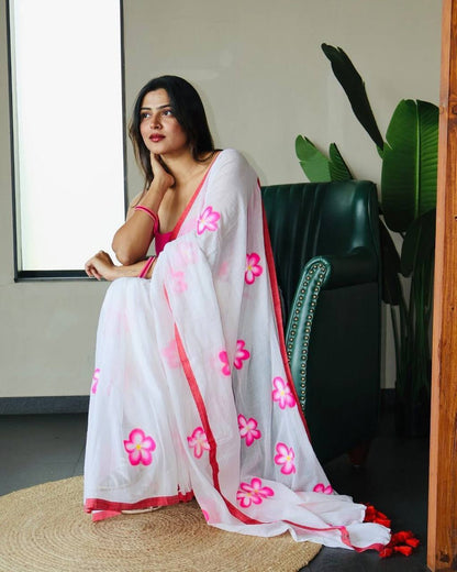 White Flower Printed Mul Cotton Slab Saree