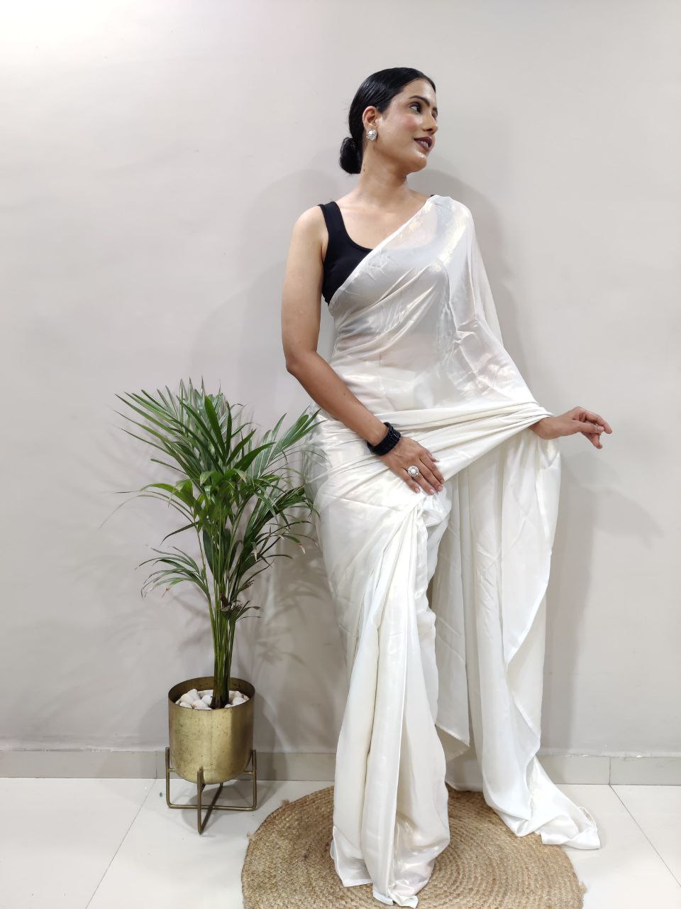 White Golden Ready to Wear Shimmer Silk Saree