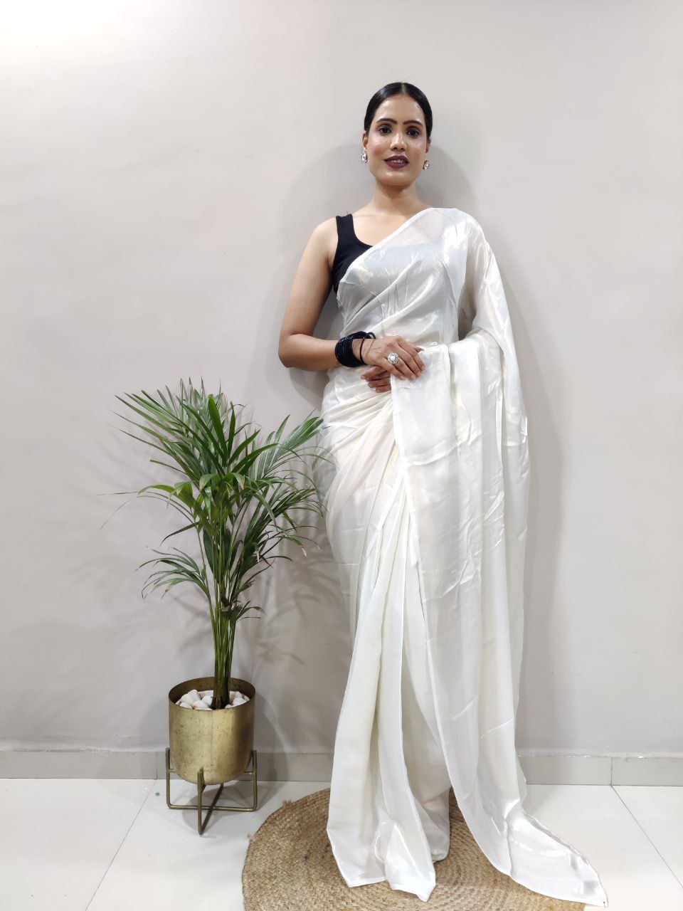 White Golden Ready to Wear Shimmer Silk Saree