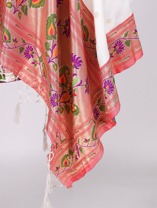 White Jacquard Silk Paithani Dupatta