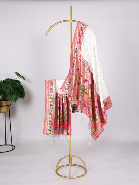 White Jacquard Silk Paithani Dupatta