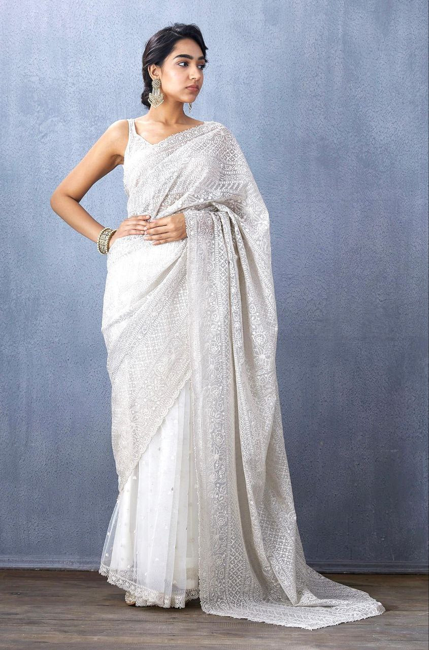 White Party Wear Organza Silk Saree