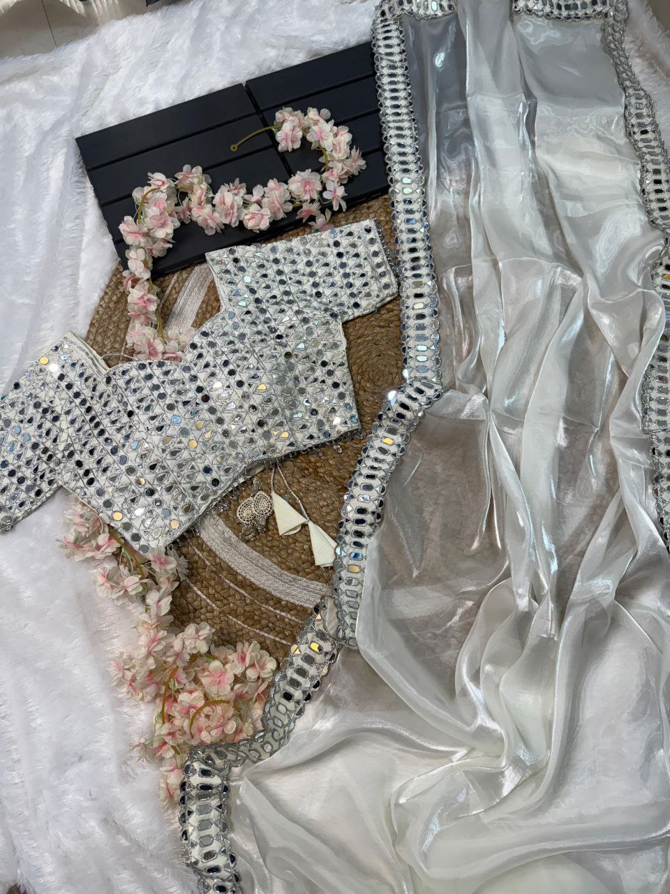 White Party Wear Satin Organza Silk Saree