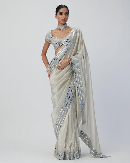 White Party Wear Satin Organza Silk Saree