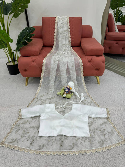 White Party Wear Tabby Silk Saree