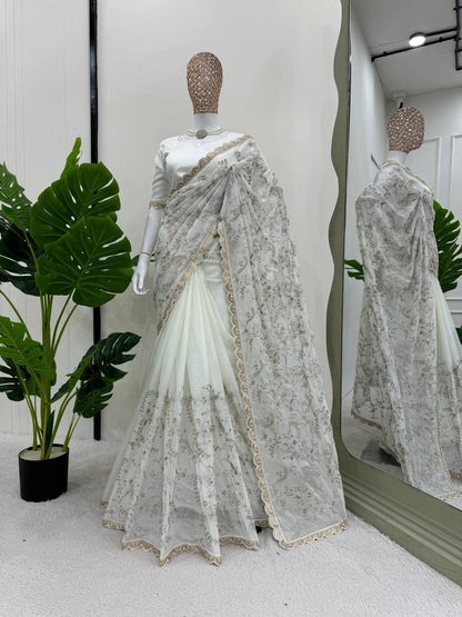 White Party Wear Tabby Silk Saree