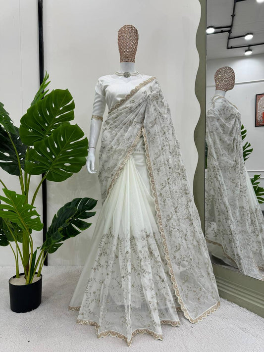 White Party Wear Tabby Silk Saree