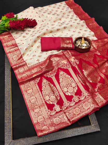 White Pure Linen Banarasi Silk Saree