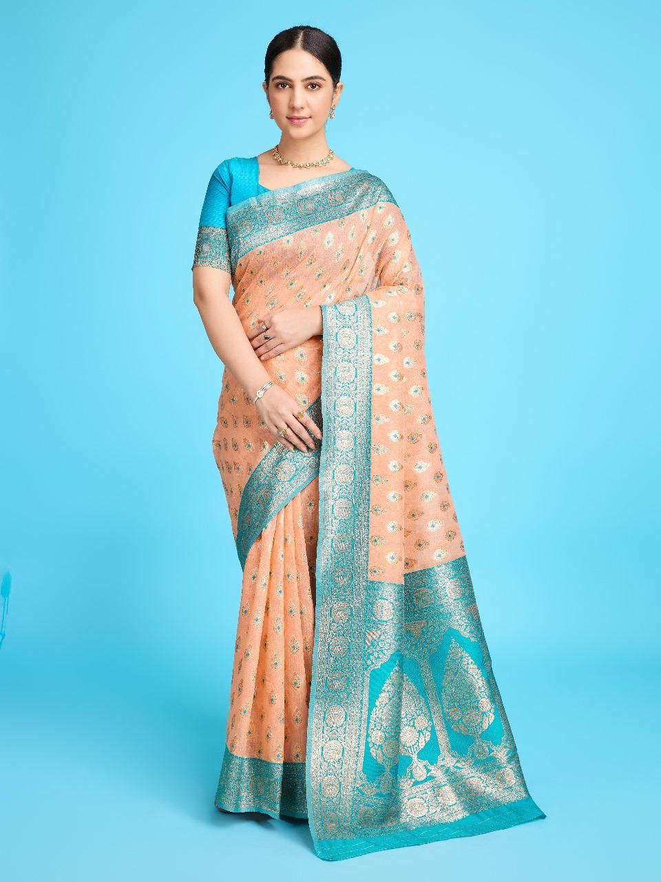 Peach Pure Linen Banarasi Silk Saree