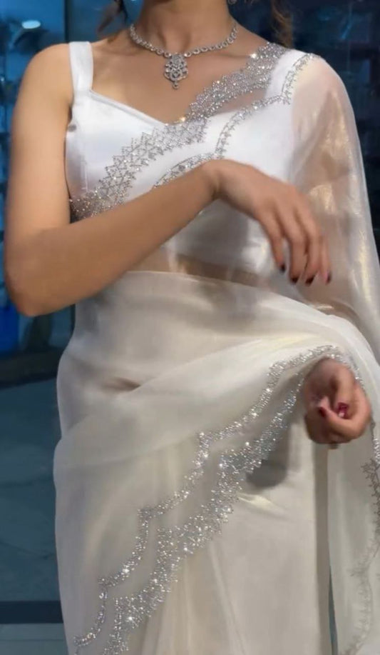 White Stylish Tissue Tweel Net Saree | Clone Design