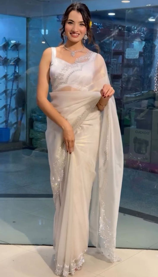 White Stylish Tissue Tweel Net Saree | Clone Design