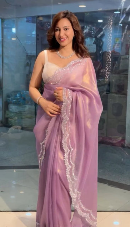 Lavender Stylish Tissue Tweel Net Saree | Clone Design